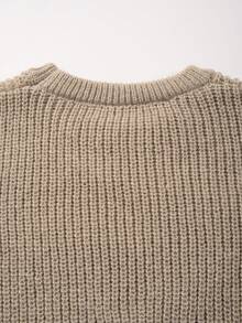 Lightweight, Warm Knit Pullover Sweater, Loose Fit, Polyester Fabric, Casual, Collegiate Style, Unisex Design, Long Sleeve, Drop Shoulder, Minimalist Crew Neck, Suitable For Autumn And Winter - 卡其色 - 查看 9