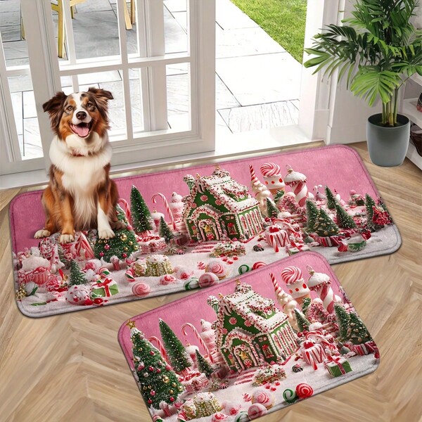 1 pieza Alfombra de cocina con temática de casa de caramelo navideña y paisaje nevado, estilo Ins, alfombra navideña para el hogar, alfombra para sala, dormitorio, entrada, cocina, baño, estudio, suave y cómoda, lavable a máquina