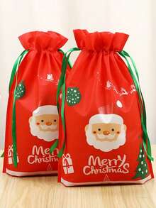 圣诞节 1/2/10 件无纺布束口袋，圣诞夜零食和礼品包装袋，圣诞老人设计，纹理材质，光滑丝带，可爱的礼品袋设计，温暖的整体风格 - 彩色 - 查看 9