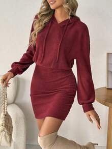 Women's Fall Mini Knit Dress Long Sleeve Solid Color Hood Dress Casual Slim Fit Dress - 酒紅色 - 查看 4