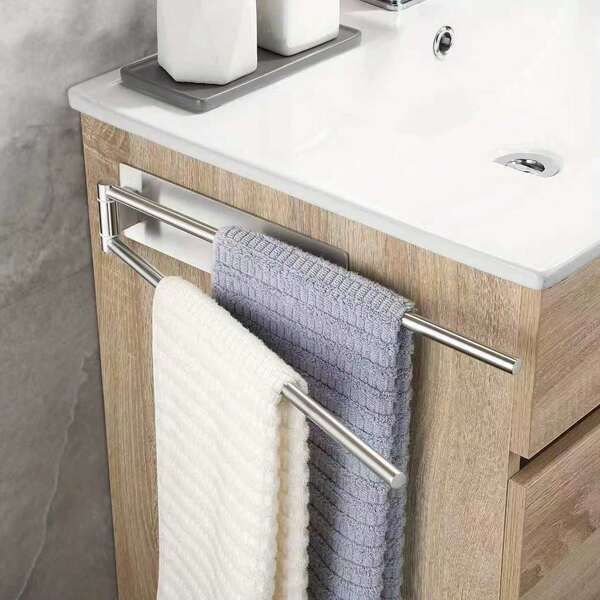 1pc Silver Stainless Steel Bathroom Towel Bar, Thickened & Elongated Wall Mounted Rack, Single Bar & Double Bar For Bathroom