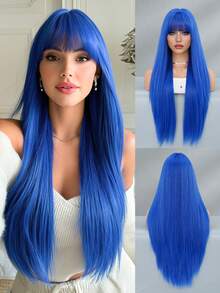 NAMM 28Inch Extra Long Straight Blue Wigs For Women Gorgeous Nature Looking Wigs With Full Bangs,High Density Fluffy Synthetic Heat Resistant Fiber Hair,Goth Costume Wig For Anime Cosplay Wear, Music Festival Party Use - 藍色 - 查看 5