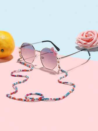 1 Stück Mädchen 4-8J Süße Schleife Accessoires mit geometrischem Metallrahmen Modebrillen und 1 Stück bunte Kunstperlen Brillenkette, geeignet für Urlaubsausflüge, Alltagsoutfits und als Urlaubsgeschenk
