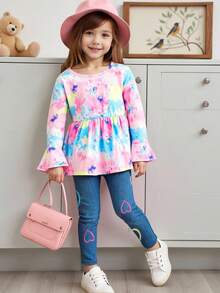 Young Girls Tie-Dye Flare Sleeve Round Neck Top + Heart Print Slim Fit Pants Set