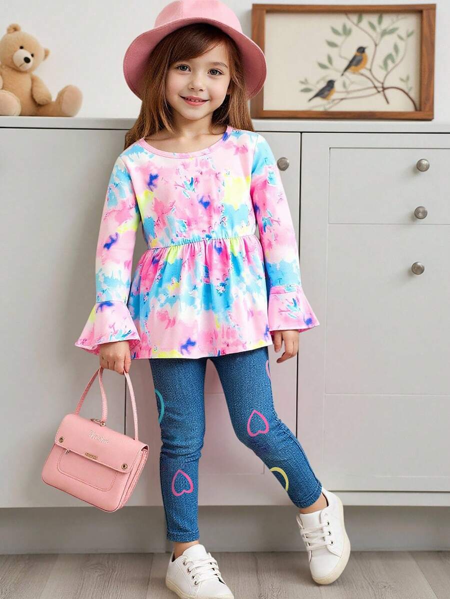 Young Girls Tie-Dye Flare Sleeve Round Neck Top + Heart Print Slim Fit Pants Set