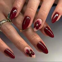 24pcs Short Press-On Nails |   Droplet Shape With Wine Red & Goldenenen Bead Floral Design, Glossy, Easy Application Daily Wear & Special Occasions, Includes Tools - 婦女和女孩 - 查看 3