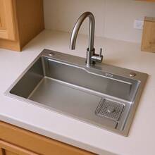 Kitchen Sink Drop In With Faucet - 65*45CM Waterfall Kitchen Sinks Topmount Stainless Steel - Grey - View 1