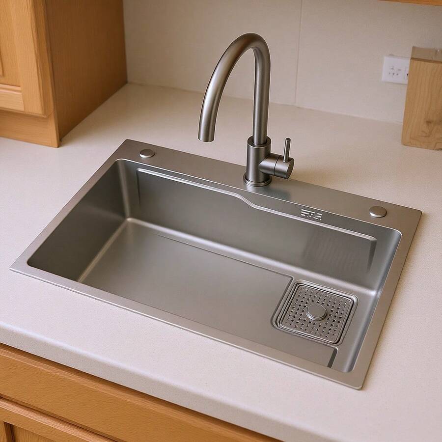Kitchen Sink Drop In With Faucet - 65*45CM Waterfall Kitchen Sinks Topmount Stainless Steel - Grey - View 1