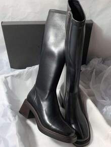 2025新款厚底方头经典黑棕色中筒时尚粗跟女式骑马靴 - 黑色 - 查看 1