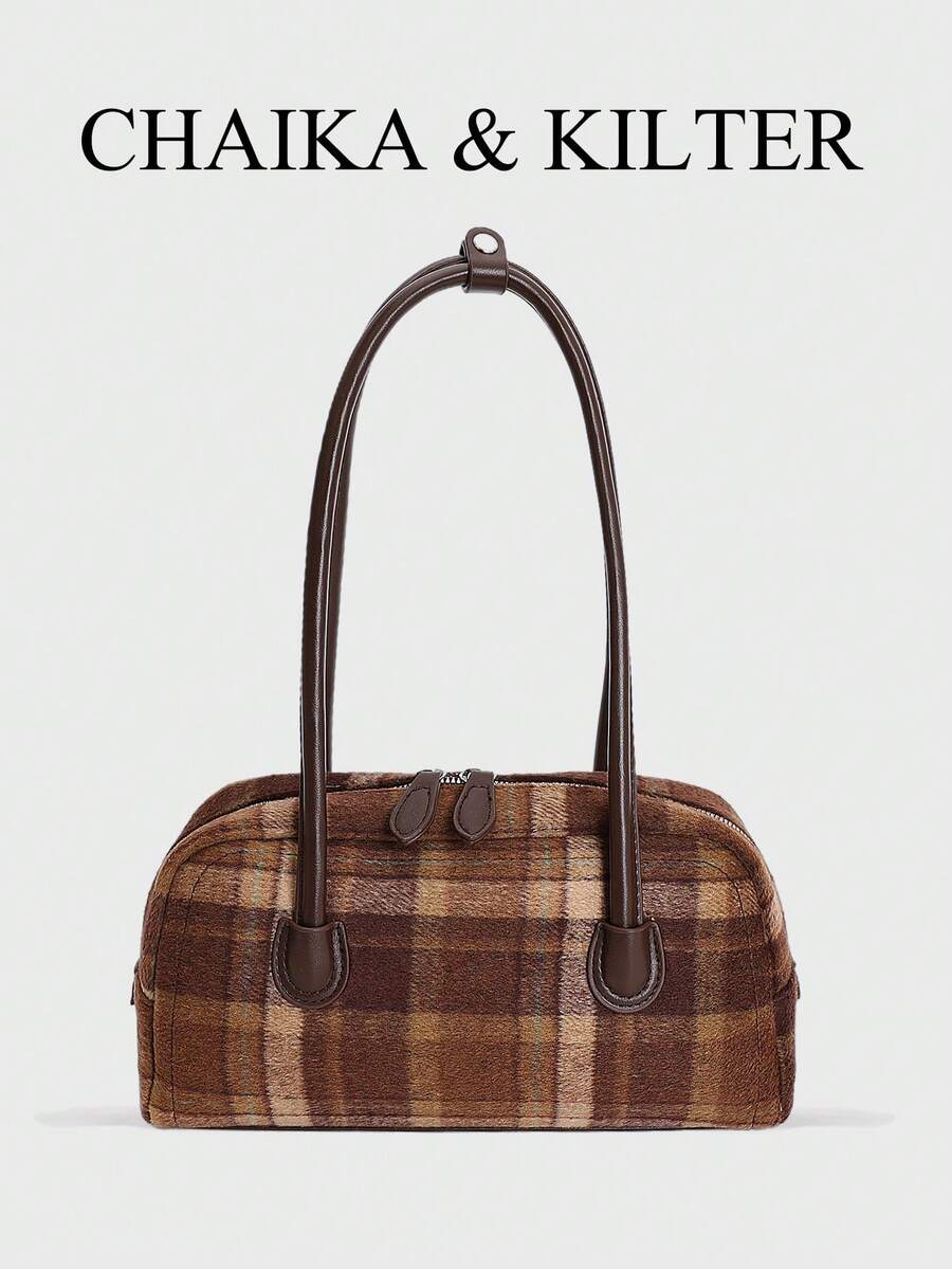 CHAIKA & KILTER 1pc Contrast Color Shoulder Bag, Vintage Fashion Matte Bowling Bag With Contrast Stitching, Dual Handles, Zipper Closure, Suitable For Daily And Outdoor Use