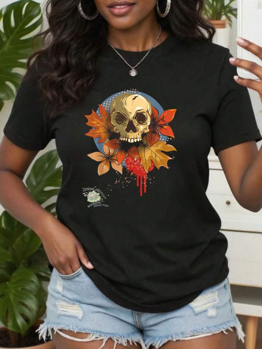 Camiseta gráfica de arte de calavera de otoño de Halloween colorida y espeluznante, camisetas gráficas para mujeres, tops cortos, atuendos de verano para mujeres, tops de verano - Negro - Ver 1