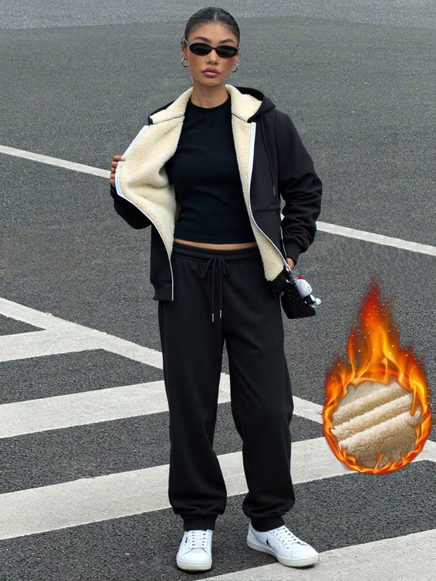 1 Set Women's Thermal Lined Sports Suit, Hooded Sweatshirt Fleece Sweatshirt + Thermal Lined Warm Sports Pants, Suitable For Outdoor Sports & Leisure In Winter - Black - View 1