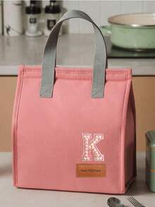 1pc Pearl Letter Pattern Canvas Tote Bag, Simple English Letter Solid Color DIY Handheld Insulated Lunch Bag, Lunch Box Bag, Thermal Lunch Bag, Large Capacity Insulated Lunch Tote Bag For Students, Office Workers, Waterproof, Oil-Proof - Multicolor - View 133