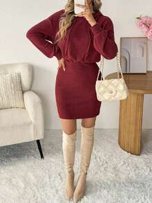 Women's Fall Mini Knit Dress Long Sleeve Solid Color Hood Dress Casual Slim Fit Dress - 酒紅色 - 查看 6