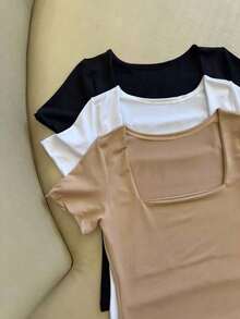 Kit Of 3 Basic Suplex Blouses, Square Neckline, Short Sleeve, Lined - Đen, Be, Trắng - Xem 2