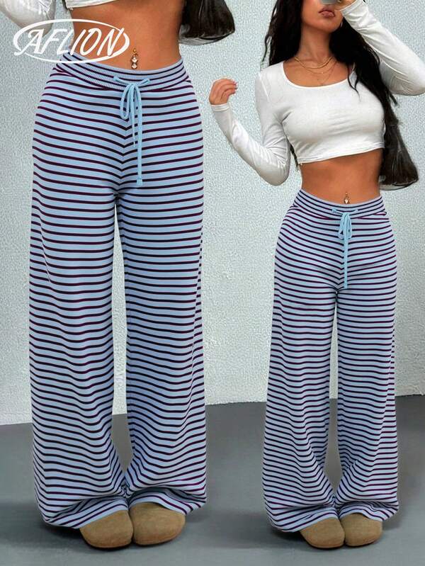 Pantalones anchos con cordón de unicolor y a rayas para mujer, pantalones rectos sueltos y de estilo retro, adecuados para uso casual diario, festivales de música, fiestas, estilo callejero, Navidad