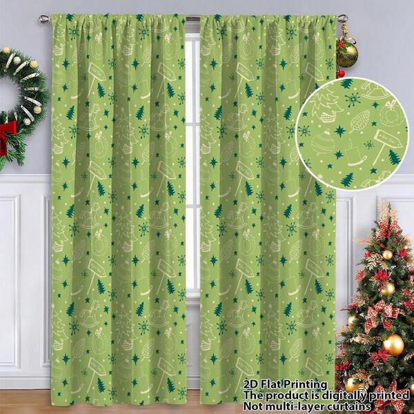 Cortina com 2 peças de impressão plana 2D, fundo verde fresco e animado com elementos natalinos, material de fibra de poliéster, adequada para casa alugada, sala de estar, cozinha, quarto, cortina decorativa removível e lavável à máquina para janelas pequenas