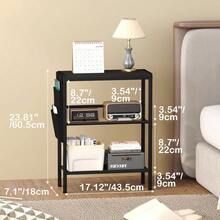 Small Narrow Side Table Small Spaces, Slim End Table With Storage Bag, Sofa Snack Table With Adjustable Metal Mesh, 3 Tier Accent Beside Table Living Room Bedroom, Rustic Brown