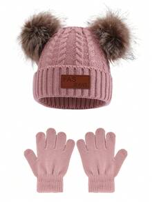 1 Stück gestrickter Hut + Handschuhe Set, Pompons Beanie und vollfingerige gestrickte Handschuhe, einfarbige warme Winter Mützen und Handschuhe für Jungen und Mädchen, vielseitige neue Version - 1PC - Übersicht 19
