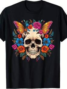 Colorful Skull With Flowers Butterflies Gothic Halloween T-Shirt - 款式27 - View 1
