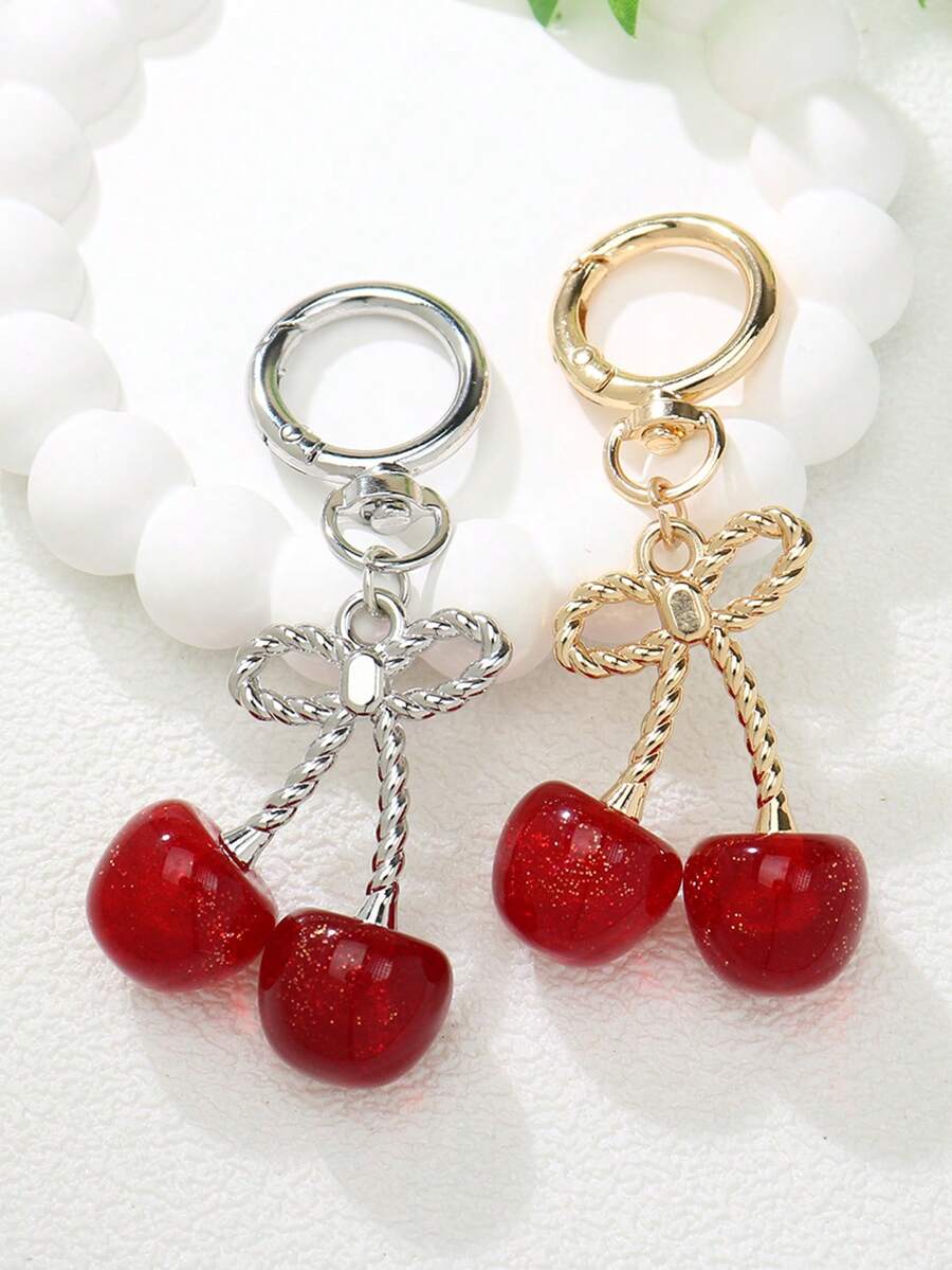 1pc Glitter Cherry Keychain, Elegant Bow Metal Pendant, Cute Keyring Bag Charm Accessory