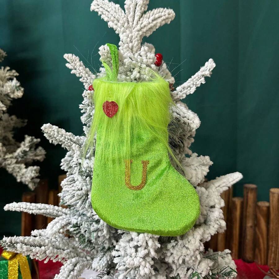 Green Christmas Stockings With Initial Letters Fuzzy Trim Stocking Bag Hanging Decor For Fireplace  Christmas Tree - U - View 1