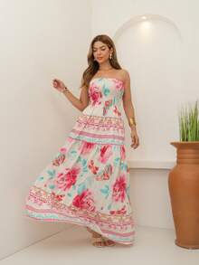 ARCO IRIS Long Strapless Dress In Plain Viscose, Printed, Barrato 36-42 With Lastex, Casual, Elegant, Feminine For Versatile And Comfortable Looks - B/ROSA - 查看 1