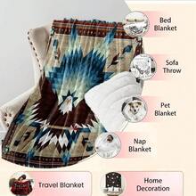 Style Eagle Flannel Blanket - All-Season Soft Geometric Pattern Throw With Vibrant Blue, Brown & White Design, Machine Washable For Home Decor, Camping & Outdoor Use, Cozy Blanket, Camping Accessory, Vintage Aesthetic, Durable Fabric, Throw For Sofa - As Shown - View 5