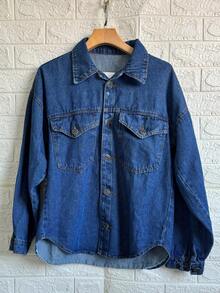 Famininas Drop Shoulder Denim Jacket - 深色水洗藍8433# - 查看 1