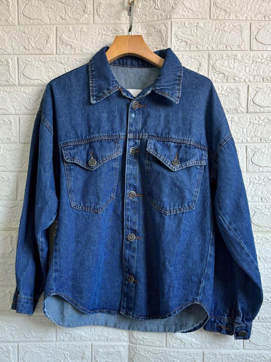 Famininas Drop Shoulder Denim Jacket - 深色水洗藍8433# - 查看 1