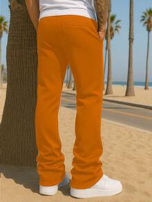 Mens Casual Solid Stacked Track Pants Zipper Pockets Polyester Spandex - Orange - View 2