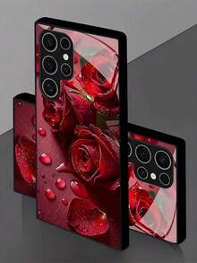 1pc Red Roses With Water Droplets Tempered Glass Phone Case Is Thickened For Enhanced Drop Protection. Suitable For Compatible With Samsung Galaxy S20/21/22/23/24/25 Ultra/FE+,S10/10E+,NOTE9. 20,20ULTRA,A71/56/55/54/53/52/51/36/35/34/32/26/25/24/26/16/15/14/06/05/05S/03S, As Well As, Iphone17,17Air,17pro,17pro Max,16, 15, 14, 13, 12, 11, PRO MAX, As Well As,PLUS - 黑色 - 查看 4