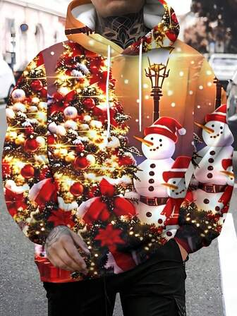 男士 3D 印花时尚独特图案套头连帽衫，配有抽绳和口袋，长袖运动衫，适合秋冬季