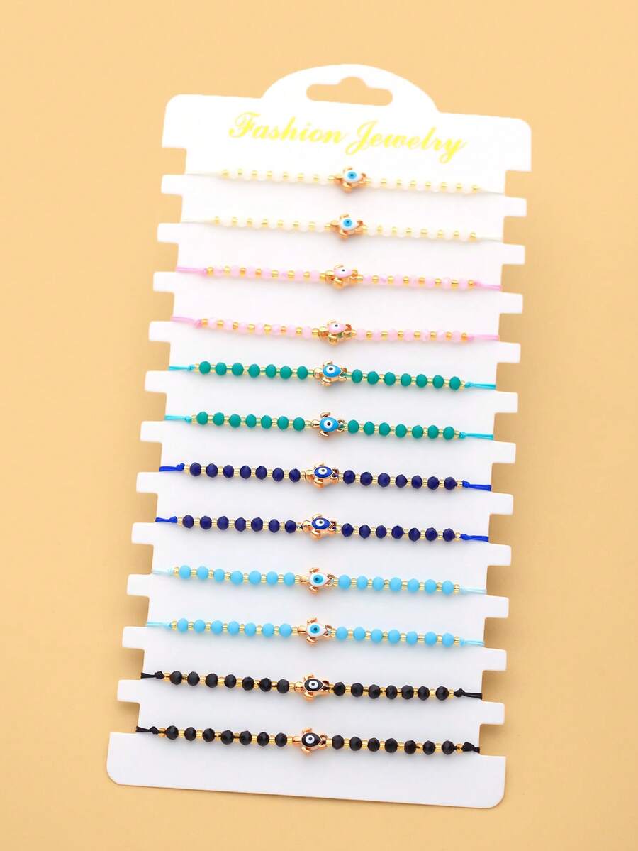 LORRILIA 12-Piece Set Enamel Evil Eye Turtle Lucky Braided Bracelet Adjustable Charm Bracelet Family Sharing Pack - Multicolor - View 1