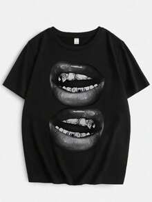 Camiseta Casual de Manga Corta para Mujeres con Impresión Gráfica de Labios y Dientes Audaces, Patrón Geométrico, Cuello Redondo, Top de Verano, Camiseta de Ajuste Regular Lavable a Máquina con Estiramiento Medio para Atuendo Casual, Ropa Casual Artística, Camiseta de Moda Vanguardista, Tela No Transparente - Negro - Ver 1