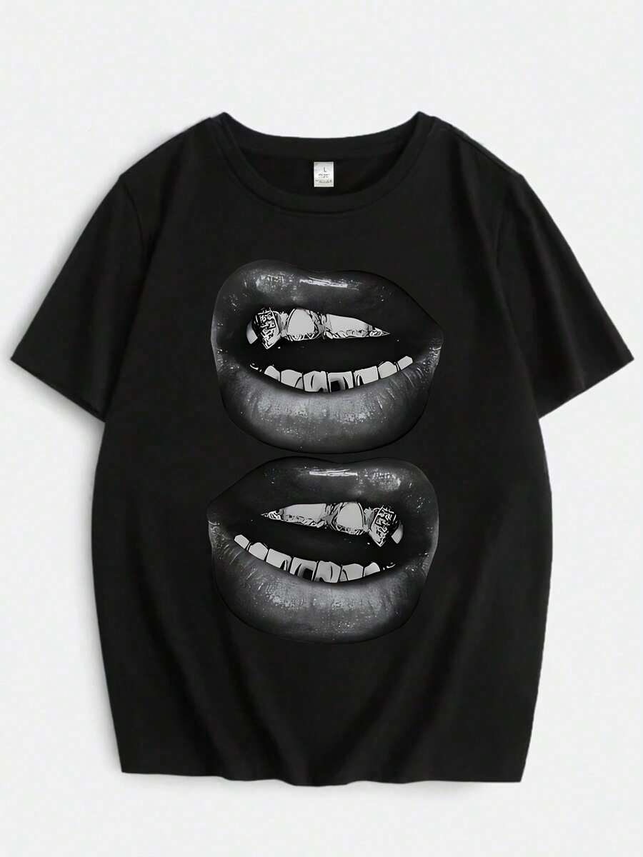 Camiseta Casual de Manga Corta para Mujeres con Impresión Gráfica de Labios y Dientes Audaces, Patrón Geométrico, Cuello Redondo, Top de Verano, Camiseta de Ajuste Regular Lavable a Máquina con Estiramiento Medio para Atuendo Casual, Ropa Casual Artística, Camiseta de Moda Vanguardista, Tela No Transparente - Negro - Ver 1