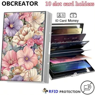 OBCREATOR 10-Slot Card Holder Organizer With RFID Protection - Floral Design Metal Case For ID Cards, Credit Cards & Cash - Slim & Elegant Design For Women, Card Holder Organizer, Secure Card Storage, Stylish Accessory, Durable Construction