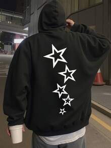Sudadera Negra Oversize para Hombre con Estampado de Estrella Blanca en la Espalda - Sudadera de Peso Pesado Mezcla 40%/60%, Sudadera Holgada con Bolsillo Canguro y Diseño Ajustable - Ropa de Calle de Cuatro Estaciones, Sudadera de Gimnasio (Talla/Alta) - Negro - Ver 1