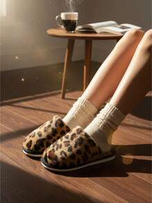 Pantuflas de hombre con suela ligera y suave con estampado de leopardo, forro cálido para usar en pisos de madera interiores en invierno - Marrón - Ver 2