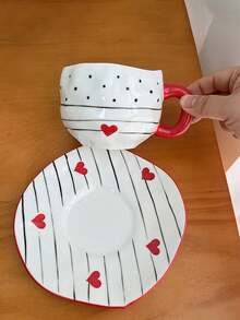1 Juego de taza y platillo con patrón asimétrico de línea de corazón, taza de café y platillo, taza para arte de latte, taza de té de la tarde, taza vintage de avena y leche para el desayuno, regalo para fiestas, regalo de cumpleaños