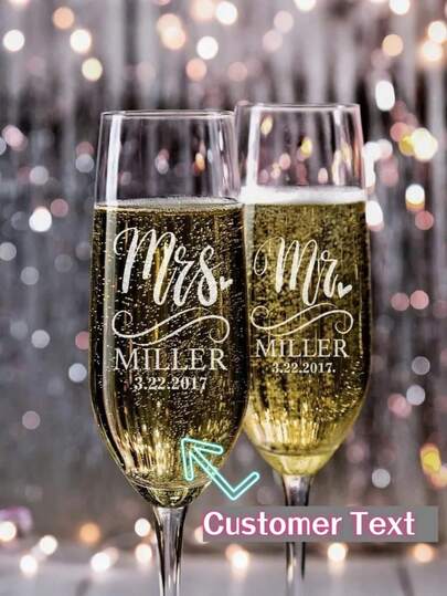2pcs Personalized Wedding Champagne Glass Stickers - Bride And Groom Champagne Glasses With Surname And Date, Customized Mr/Mrs Engagement And Wedding Champagne Flutes, Toasting Glasses - Etched Champagne Glasses, Wedding Gift, Bridesmaids, Prom 2025, Keepsake, Special Occasion, Birthday