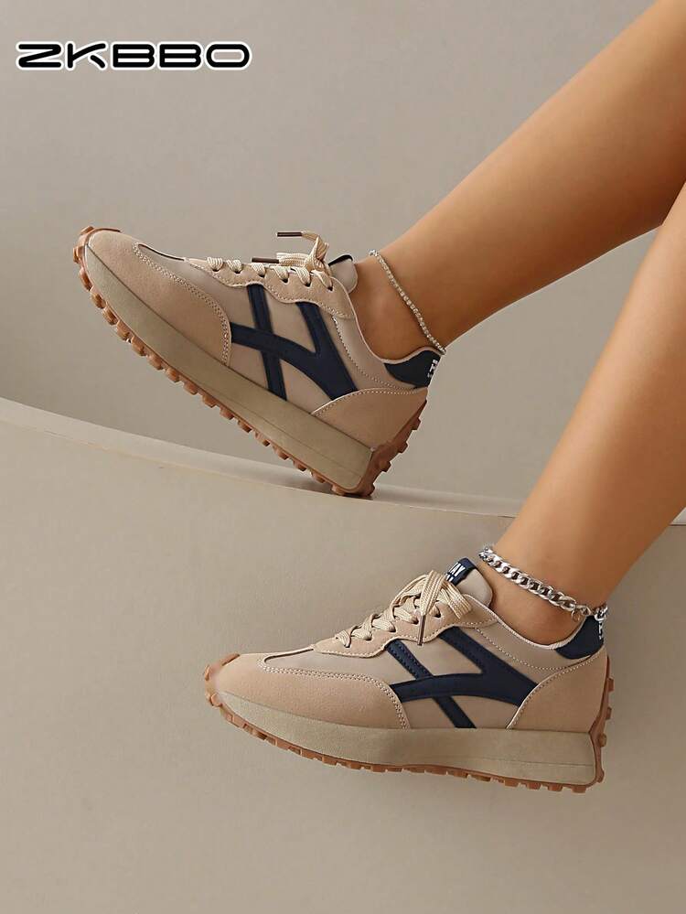 ZKBBO Women's Casual Sneakers Retro Lace-Up Flat Comfortable Walking Shoes, Lightweight Minimalist Fitness Shoes, Suitable For All Seasons - Khaki - View 3