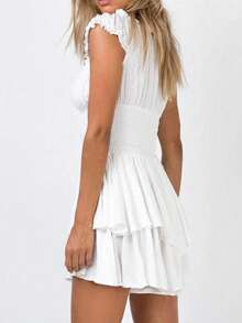 Women 2025 Spring Autumn Women's White Tiered Jumpsuit | Chiffon A-Line Shorts With Puffy Ruffles | Sweet Square Neckline & Waist-Defining Silhouette | Fairycore Wedding Guest & Date Night Outfit