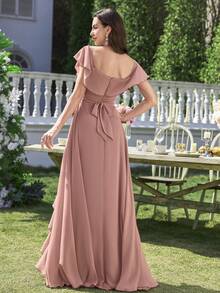 UNITHORSE 女士优雅露肩短袖雪纺修身腰带蕾丝装饰优雅新娘礼服 - 藕粉色 - 查看 6