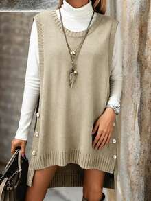 Solid Color Fashionable Streetwear Sleeveless Round Neck Vest Top With Button Design Sweater