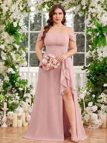 UNITHORSE Fabric Plus 女式优雅 Spraghetti 无肩带雪纺修身腰带高开衩舞会礼服气质长款派对新娘礼服 - 淺粉色 - 查看 4