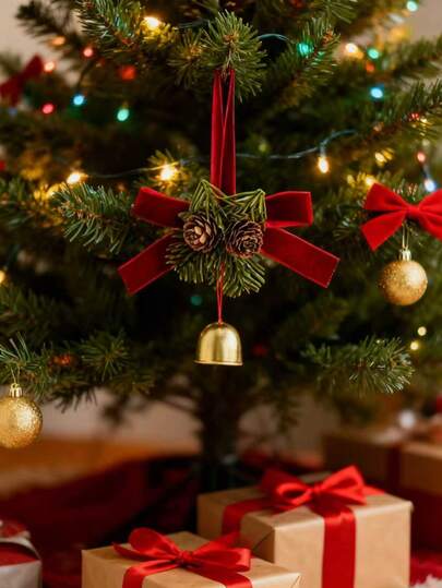 1pc Christmas Bell Winter Decor, Merry Christmas Bow Xmas Winter Artificial Simulation Green Plants Pine Needles, Red Bow, Gold Copper Green Bell, For Christmas Tree Hanging Ornaments, Home Desktop Wall Decor, Indoor&Outdoor Window Display Door Garden Patio Door Decor, For Christmas, Eve, Party, New Year, Wedding Birthday Decor, Holiday Celebration Scene Decor, Holiday Must-Have Gift