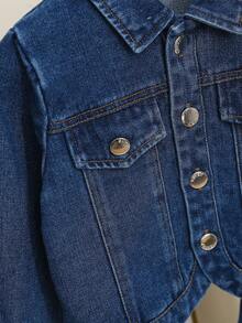 Girls' Denim Jacket With Bow Decor And Jeans Set, Casual Outfit For Spring/Autumn - 深色水洗藍 - 查看 4