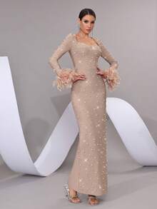 新款华丽重工烫钻手工钉珠气质方领袖口拼接假羽毛优雅开叉收腰长礼服正式宴会派对毕业派对伴娘礼服 - 卡其色 - 查看 3