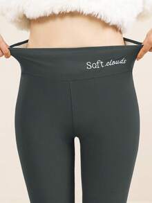 女士刺绣保暖高腰打底裤，户外休闲舒适打底裤，秋冬季 - 深灰色 - 查看 3